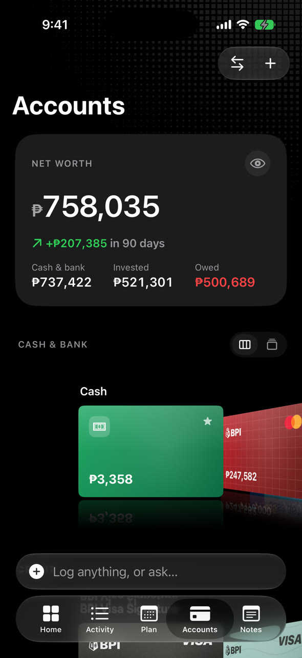 Accounts shows bank cards and wallets with their balances