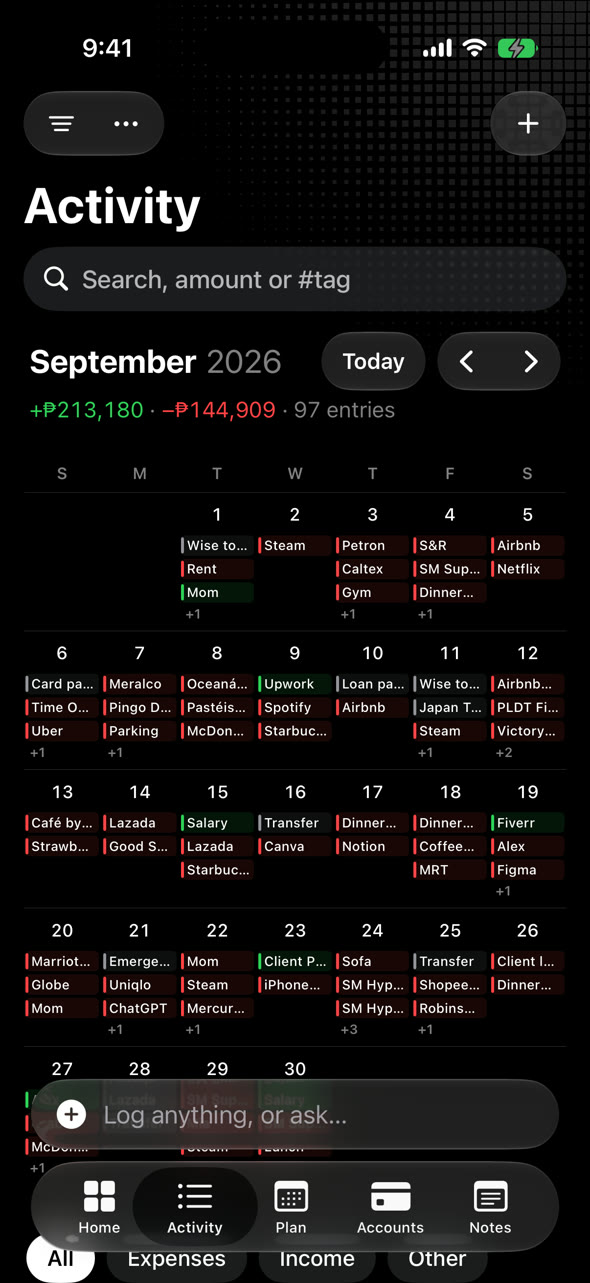Activity shows your transactions on a monthly calendar