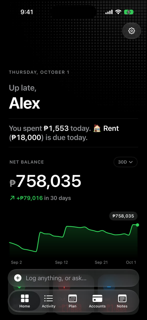Zero Home: your net balance, daily spending and upcoming bills