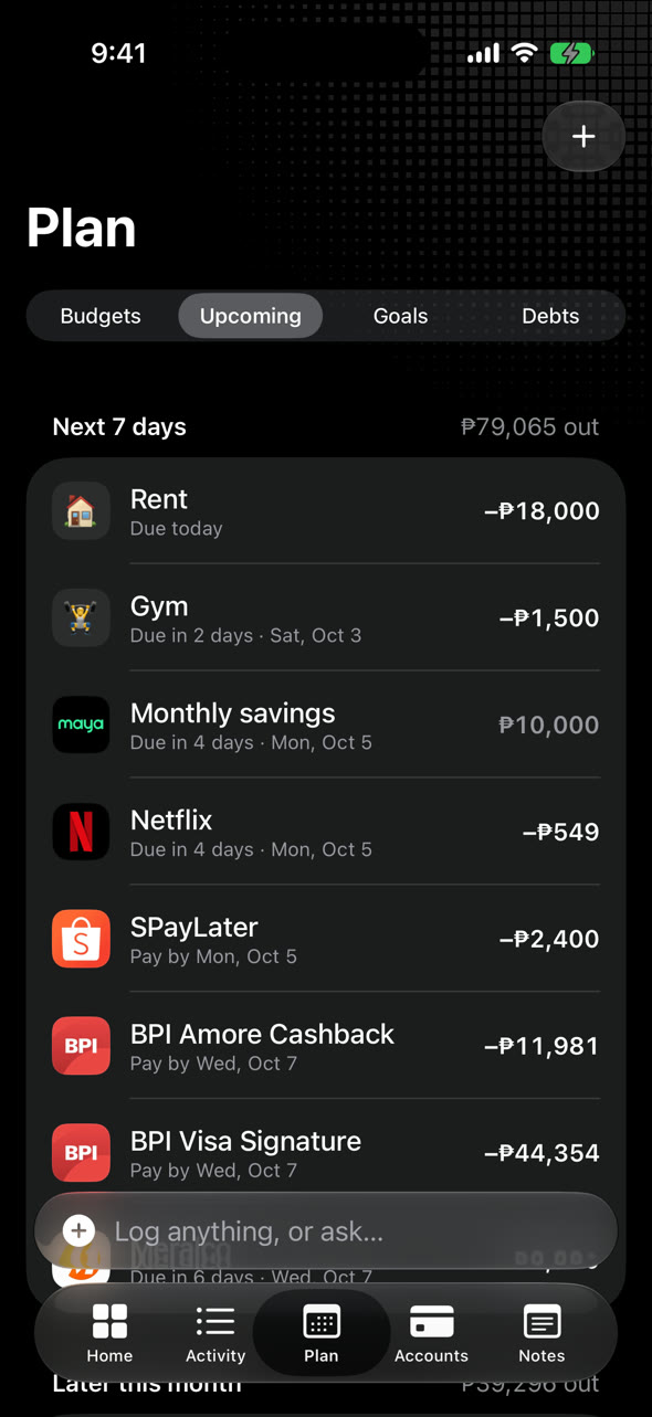 Plan shows upcoming bills, paydays and financial goals